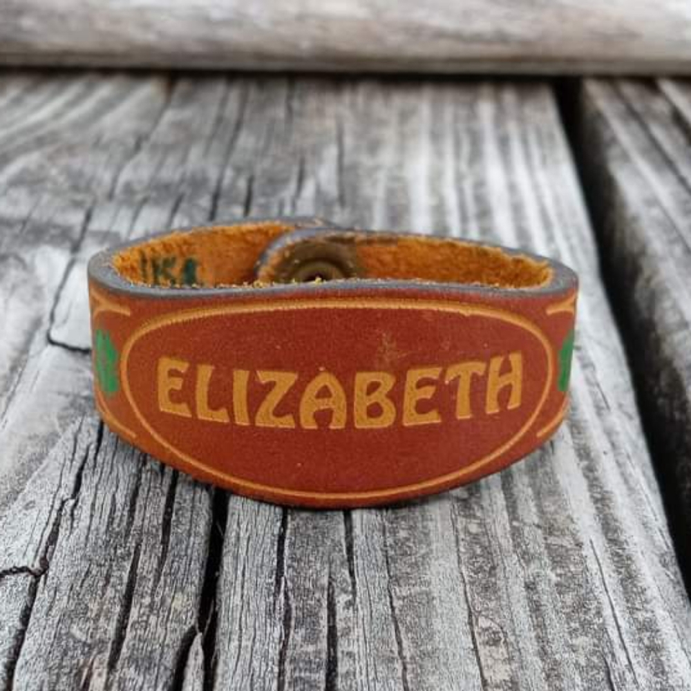 1970's Vintage Handmade USA Stamped Brown Leather Name ELIZABETH Bracelet